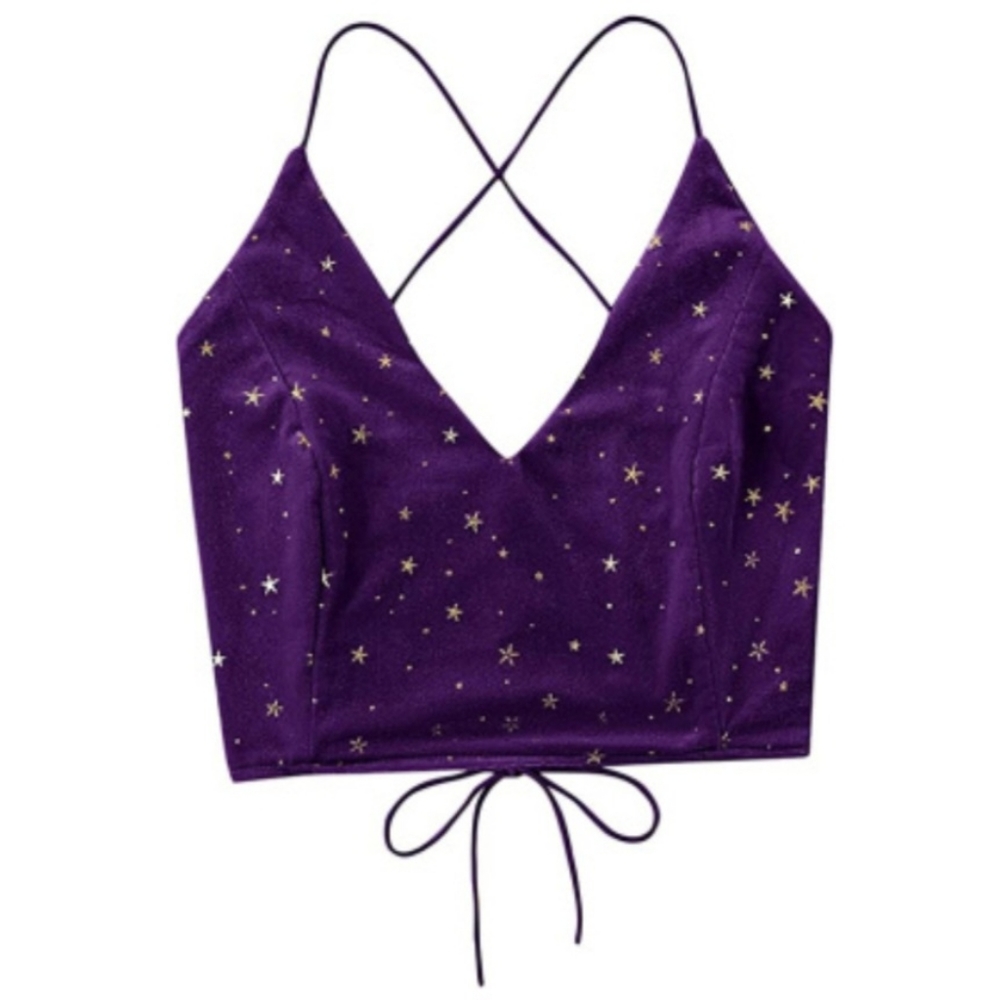 Verdusa Women's Purple Velvet Galaxy Print Crisscross Back Cami Shirt Size Large